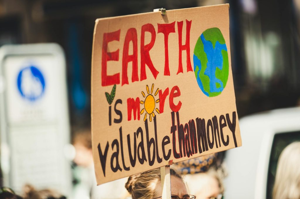 Sign reading 'Earth is more valuable than money' at a climate protest outdoors.