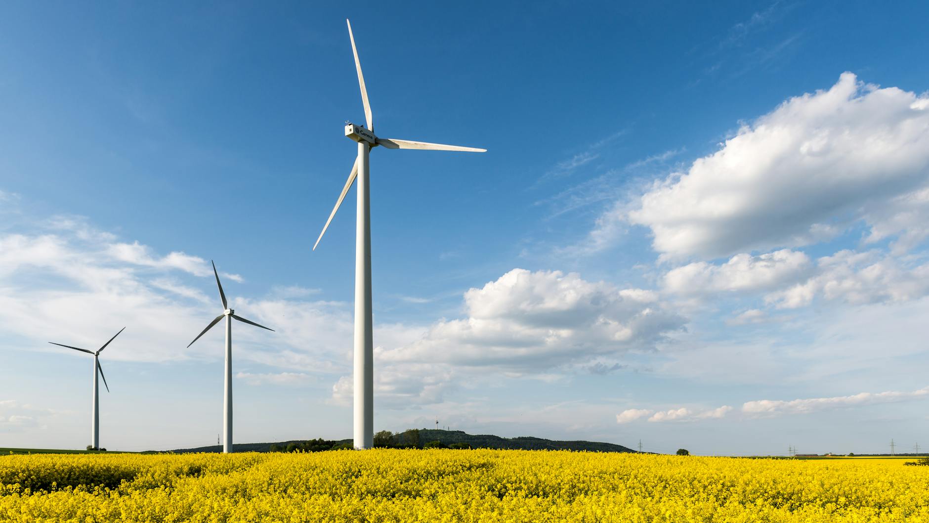 Idyllic view of wind turbines amidst a vibrant rapeseed field under a clear spring sky in Höxter.