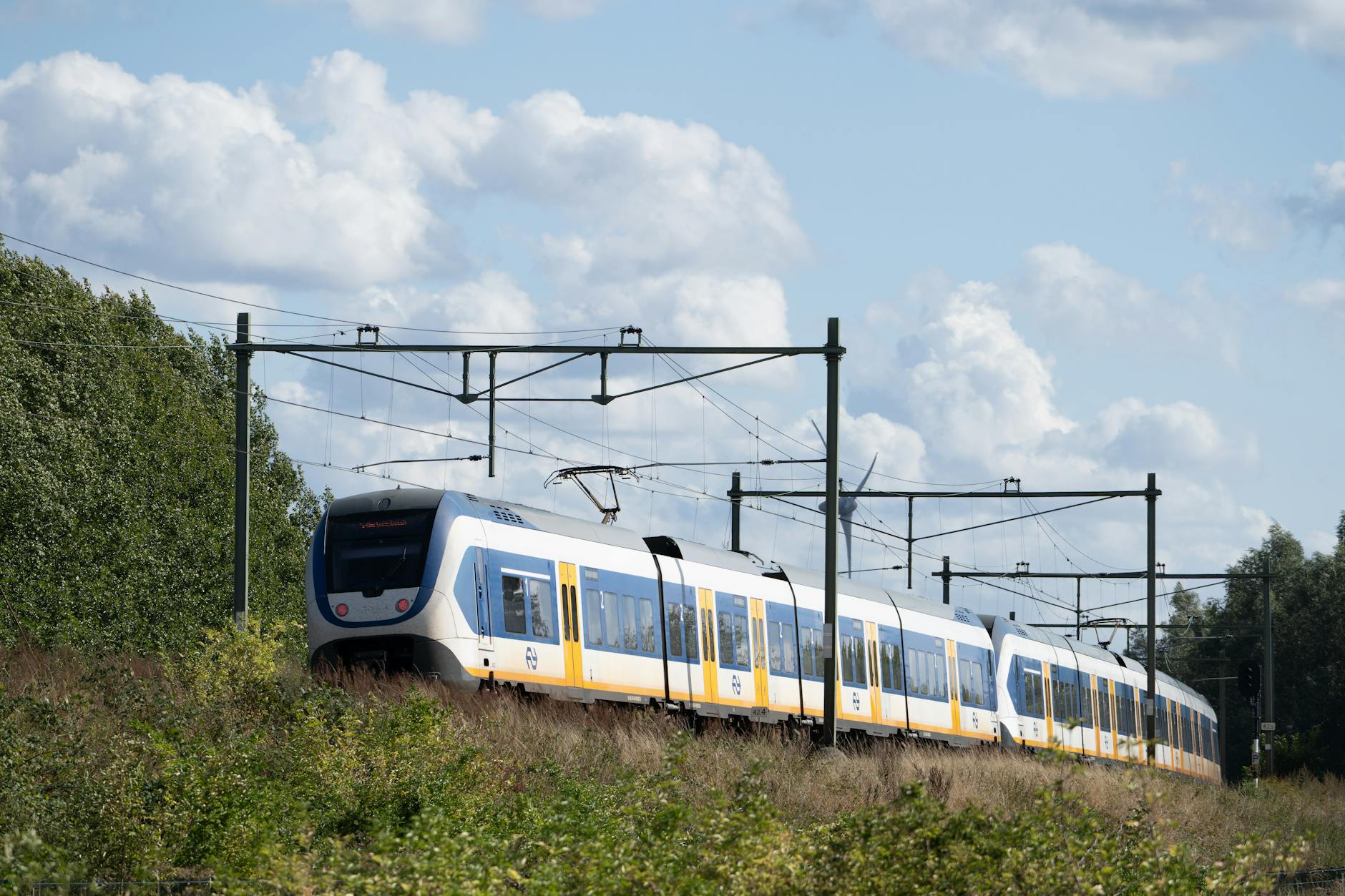 A modern electric train passes through lush countryside on a sunny day, showcasing efficient transportation.